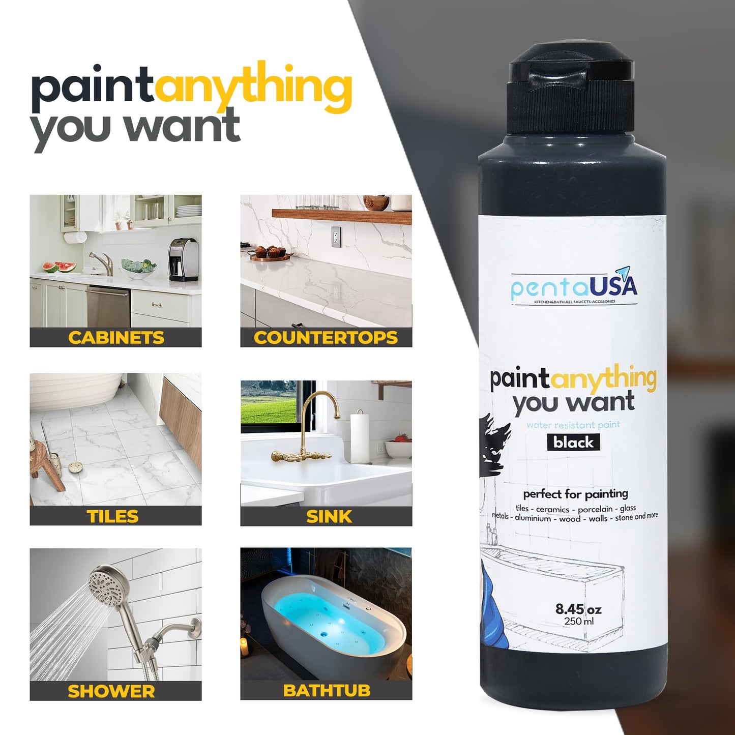 All in One Paint for Bathroom, Bathtub, Tile, Paint for Wet Surfaces, Sink, Kitchen Cabinet, Worktop, Wood, Furniture - Matte & 250ml