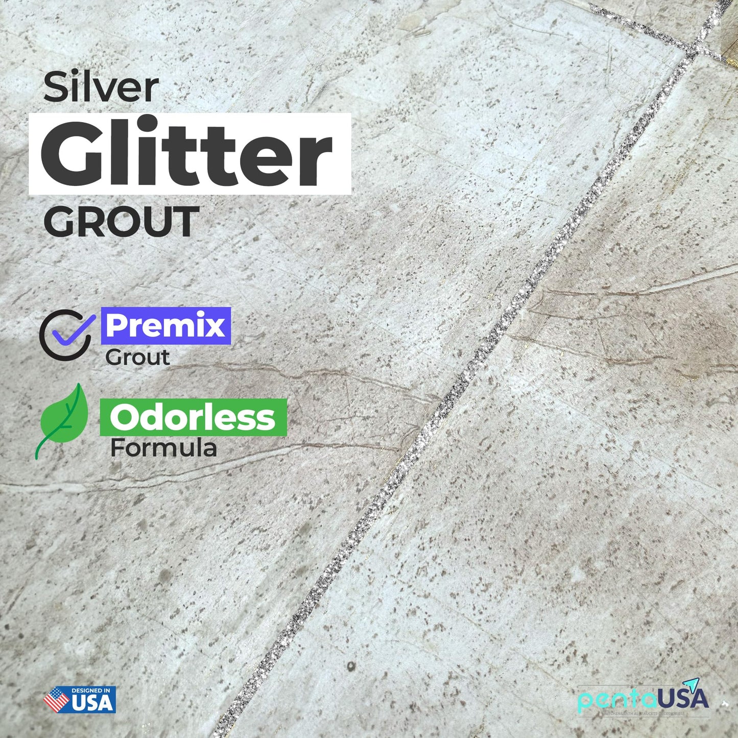 PentaUSA Grout - Glitter Grout for Tiles, Ready Mixed Grout, Gliterred Shiny Grouting Set with Grout Floater (180 ml)