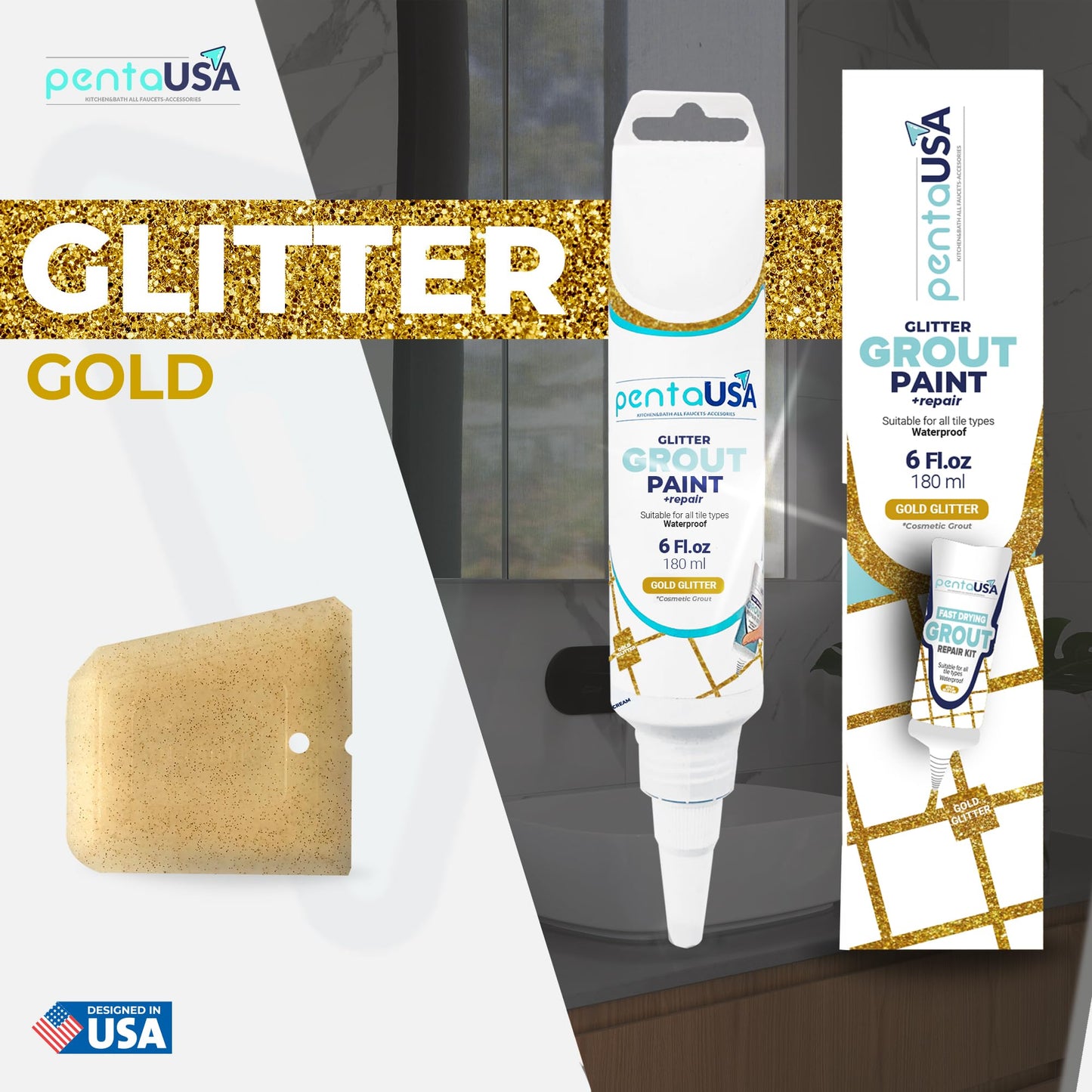 PentaUSA Grout - Glitter Grout for Tiles, Ready Mixed Grout, Gliterred Shiny Grouting Set with Grout Floater (180 ml)
