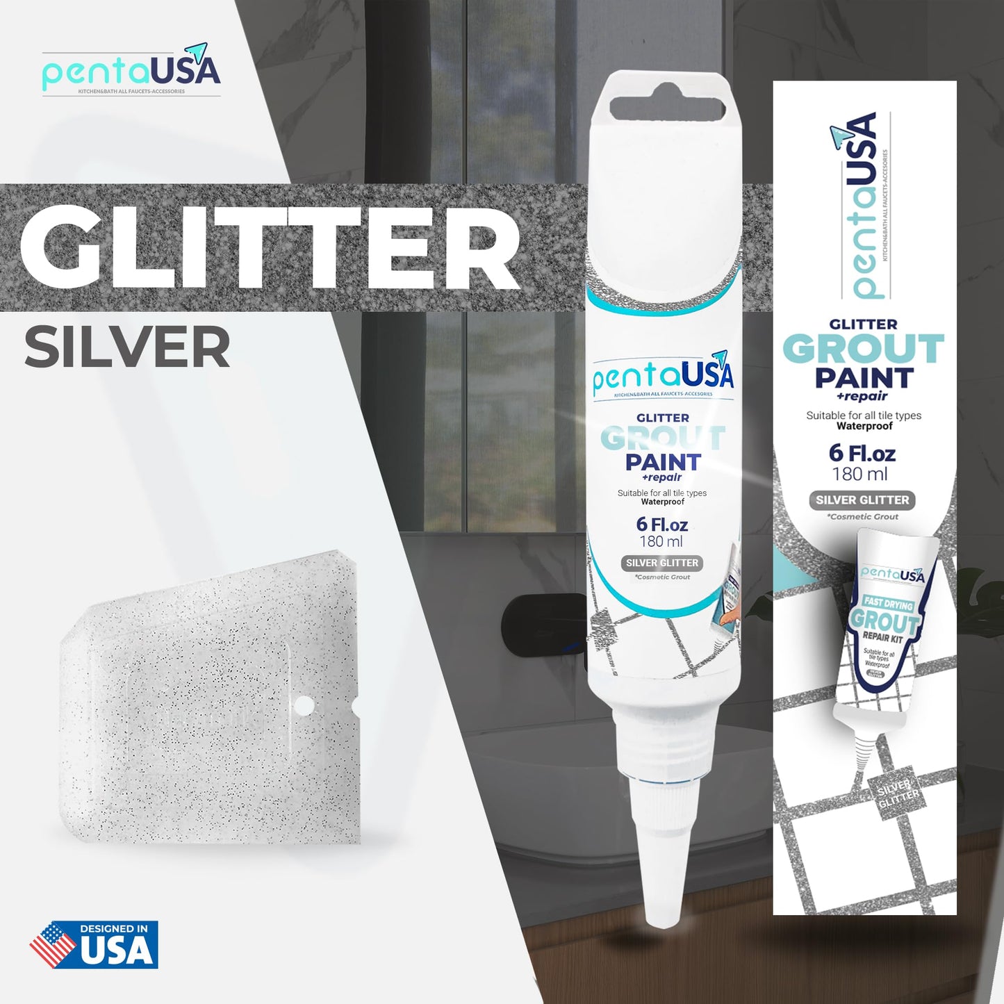 PentaUSA Grout - Glitter Grout for Tiles, Ready Mixed Grout, Gliterred Shiny Grouting Set with Grout Floater (180 ml)