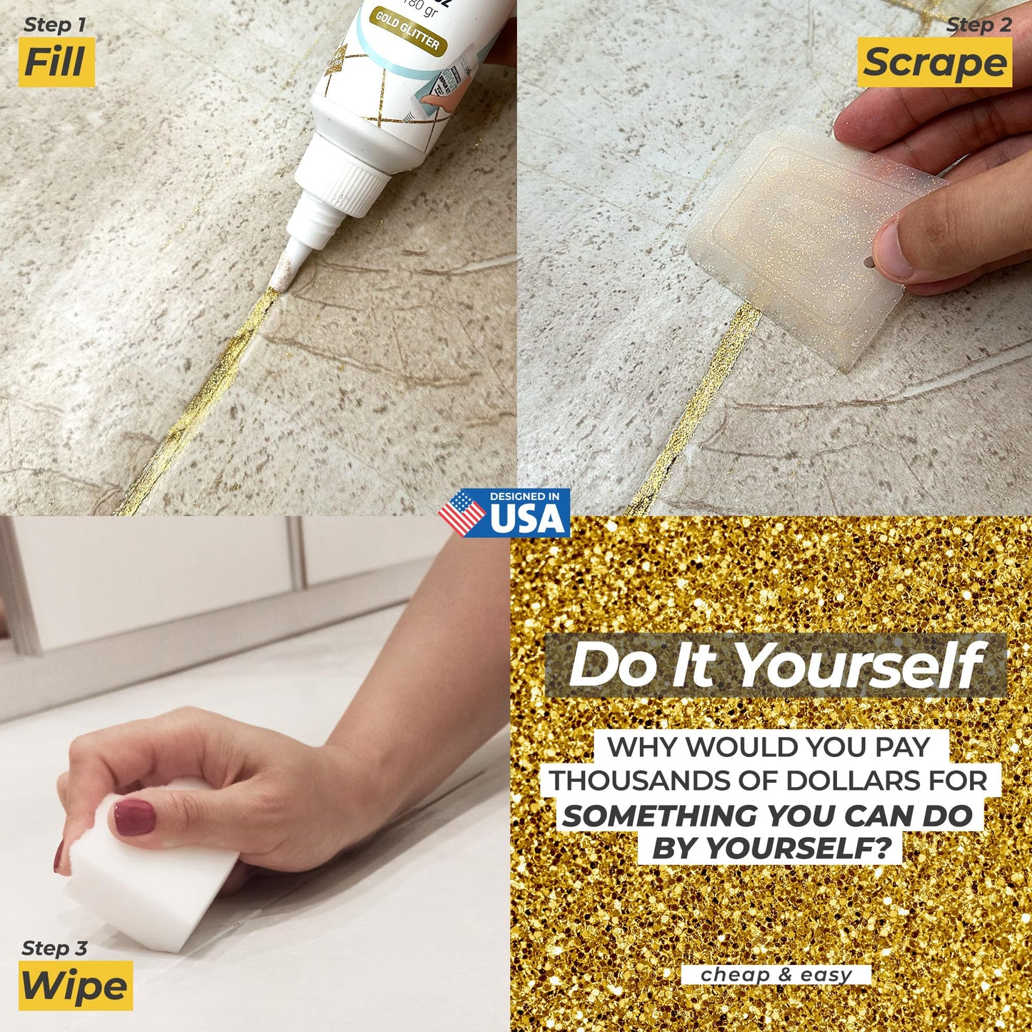 PentaUSA Grout - Glitter Grout for Tiles, Ready Mixed Grout, Gliterred Shiny Grouting Set with Grout Floater (180 ml)
